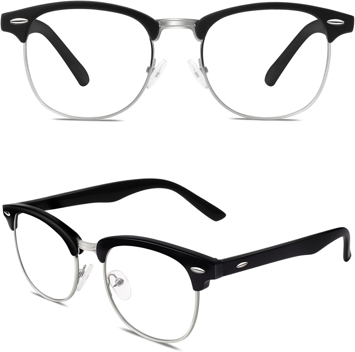 Retro Clubmaster Clear Lens Frames — Black & Silver Classic Browline Clear